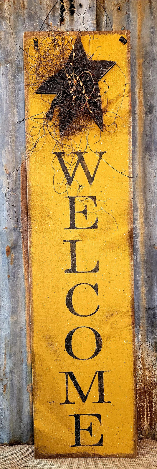 Yellow Welcome Sign w/black star - Wood
