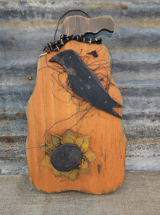 Wood Pumpkin w/Crow & Sunflower