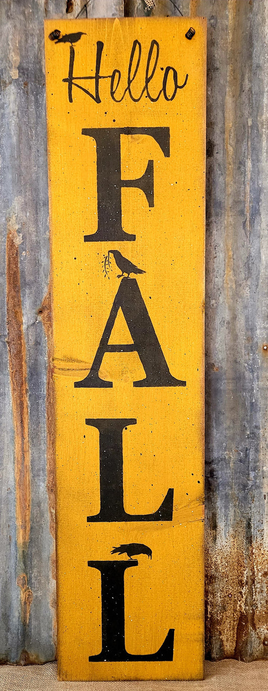 Yellow HELLO FALL sign w/crows - Wood